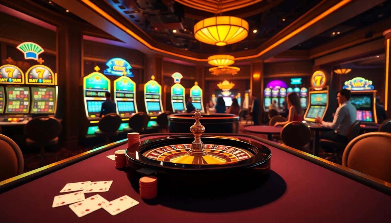 Engage in thrilling gameplay at kjc com with vibrant casino elements like poker chips and roulette wheels.