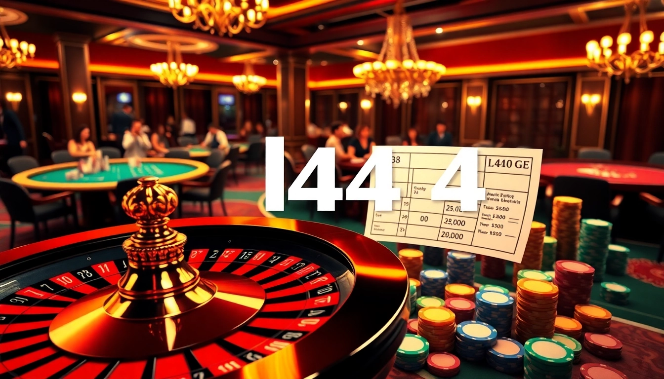 Experience the thrill of l444 with a luxurious casino scene showcasing vibrant poker chips and spinning roulette.