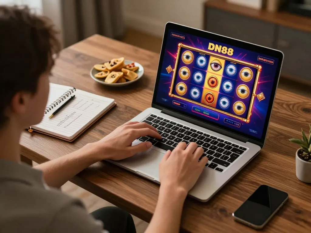 Engaging gameplay on DN88 trang chủ with a laptop user immersed in online slots.