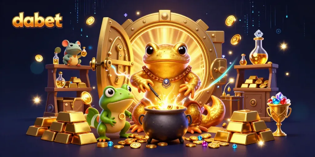 dabet unveils magical winnings in a vibrant 3D casino scene with a golden salamander alchemist and gold elements.
