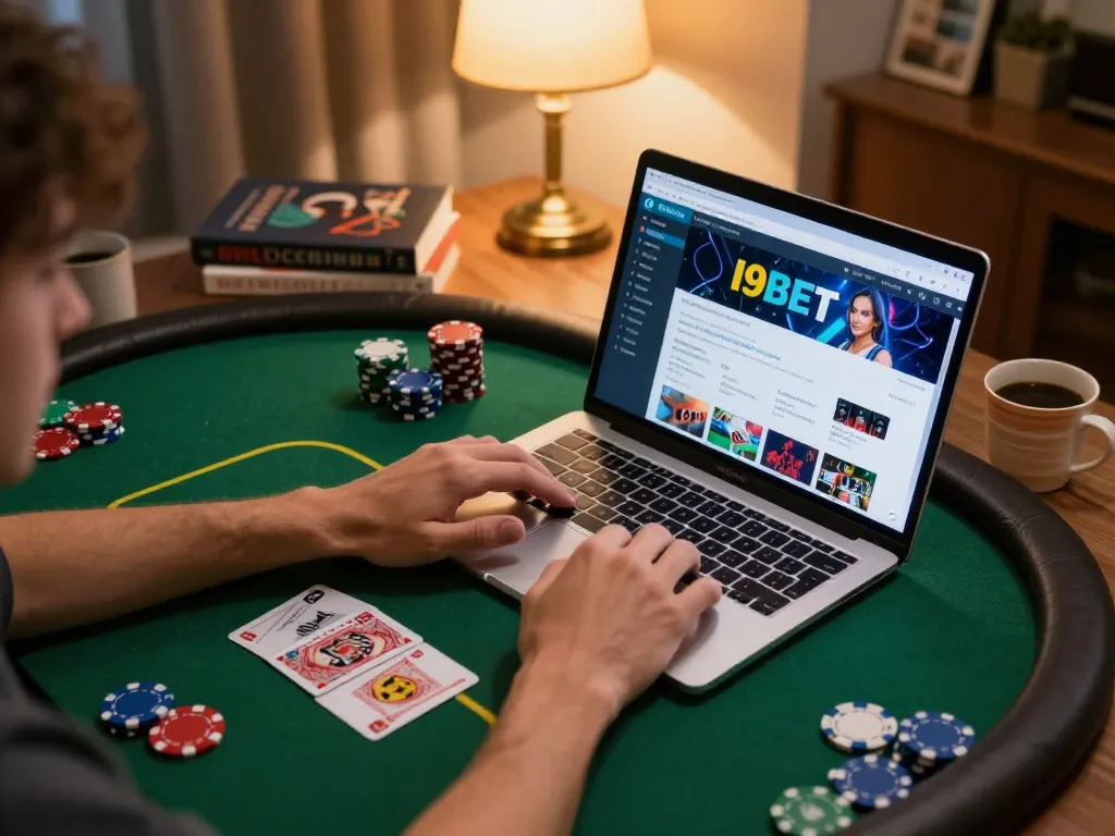 Person playing i9bet online poker at home, showcasing strategic gameplay in a cozy environment.