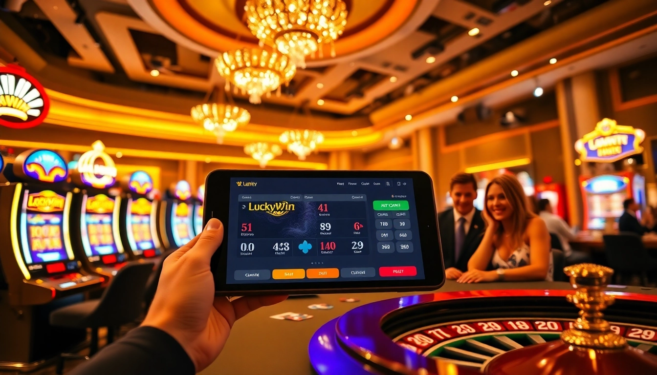 Experience the excitement of winning at LuckyWin casino, showcasing vibrant games and gambling atmosphere.