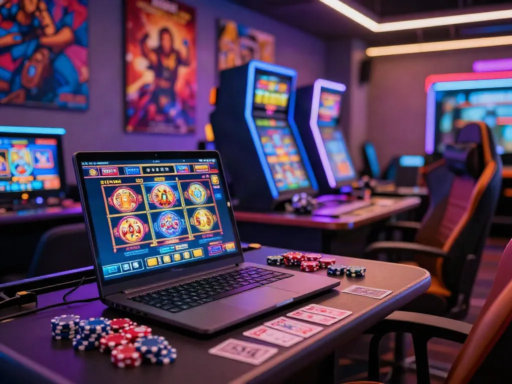 Casino not on Gamstop displayed on a modern laptop at a gaming station with vibrant decor.