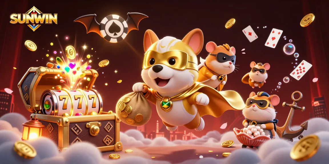 SUNWIN presents an exciting scene of a flying superhero dog and a hamster sidekick amidst slot reels and casino elements.