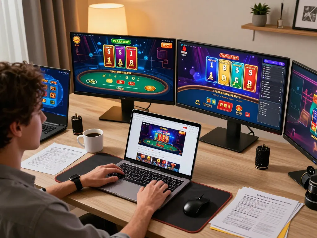 Engaged player strategizing during an NK88 online gaming session at home with multiple screens showing casino games.