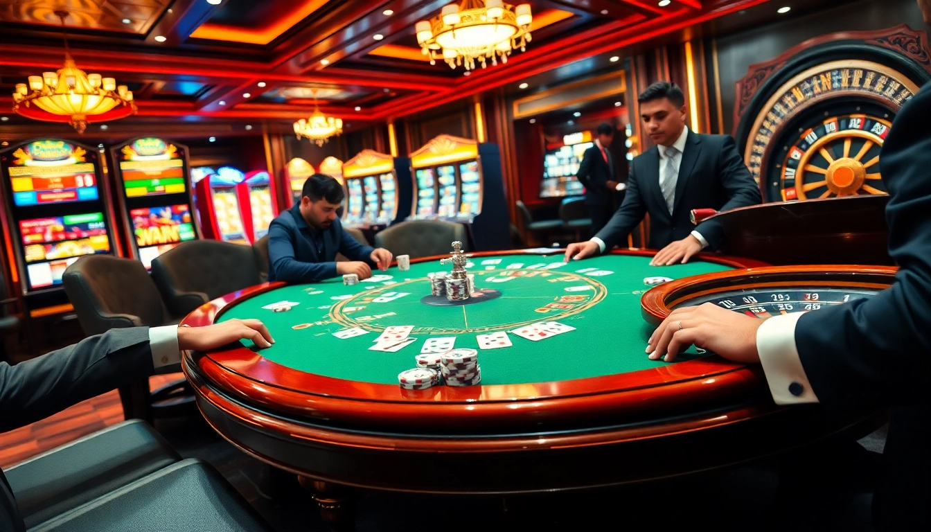 Experience thrilling gameplay at https://lu88bb.com/ with engaged players at a luxurious poker table.