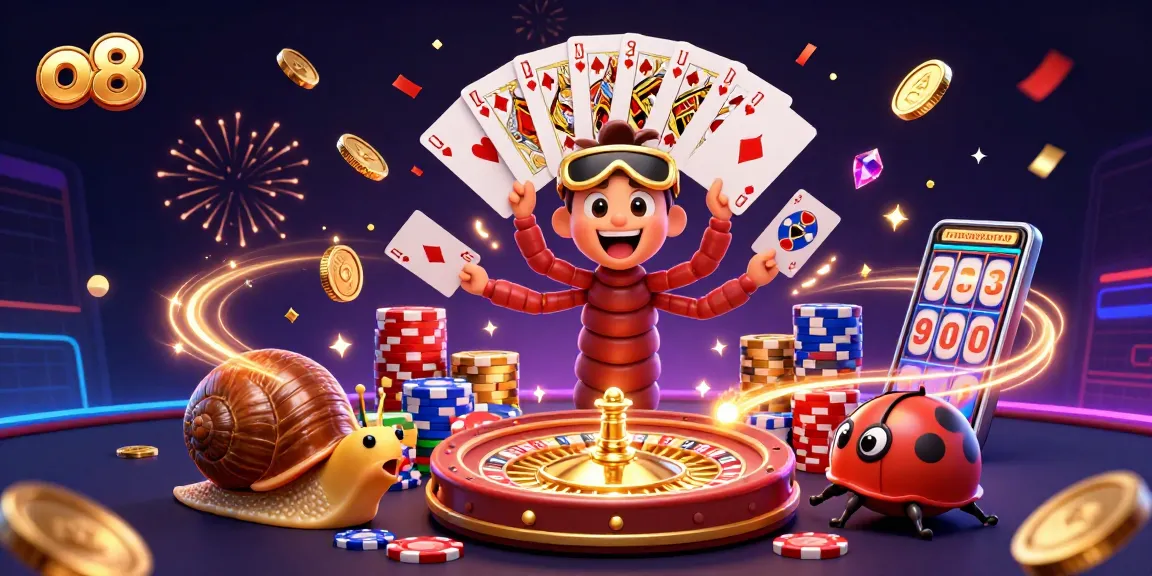Spin the reels and win big at o8 with vibrant casino action featuring a dynamic cartoon dealer and high-rollers.