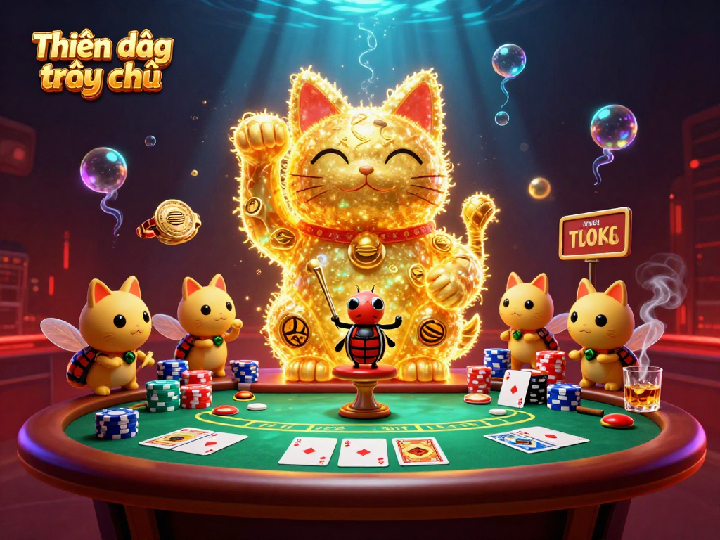 Engage with the vibrant world of Thiên đường trò chơi as golden fireflies form a lucky cat amidst poker elements.