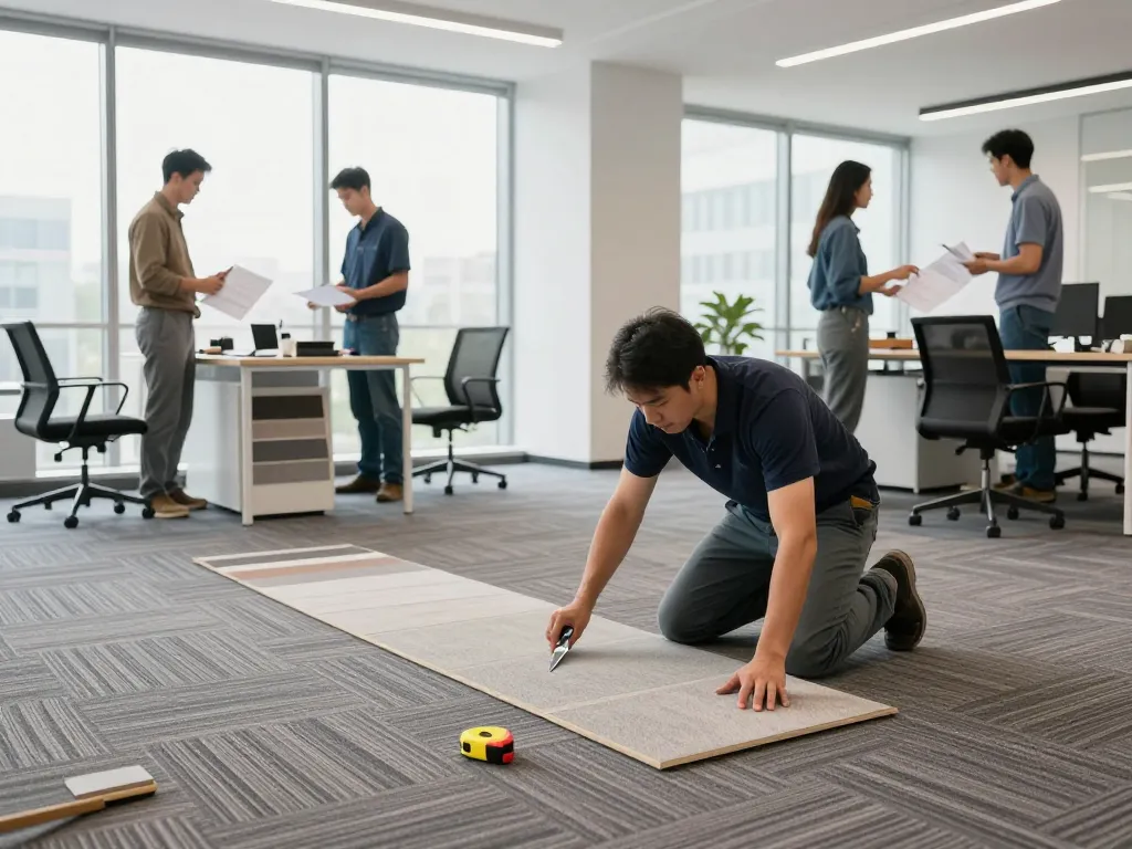Commercial carpet installation process in a modern office setting with professionals collaborating.