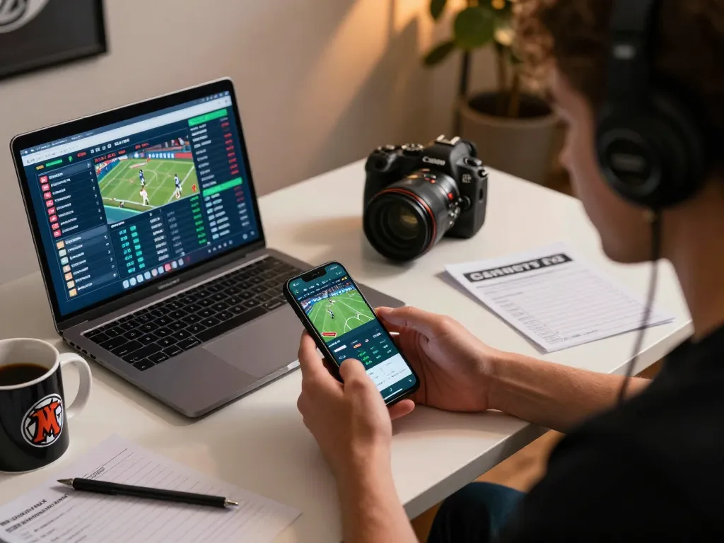 Engaged bettor analyzing odds on vmax sports betting app during an exciting game