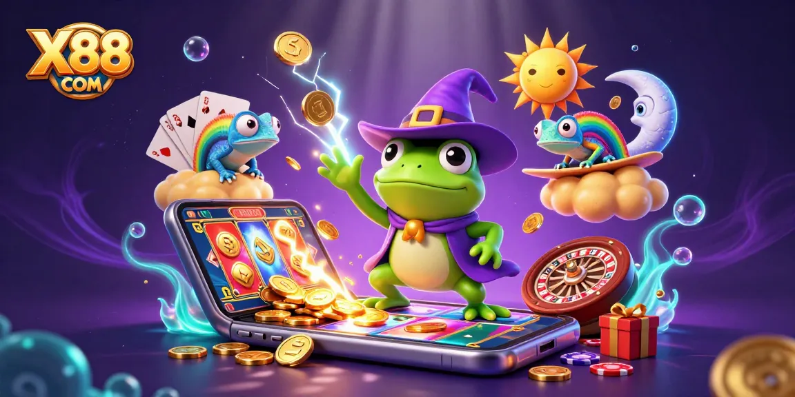 Experience the thrill of X88 COM with a vibrant 3D scene filled with golden coin storms and gaming elements.