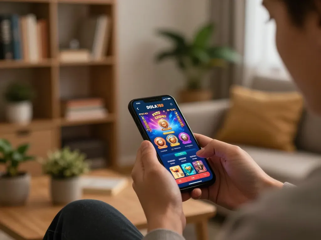 DOLA789 player engaging in online gaming action on smartphone, vibrant game display