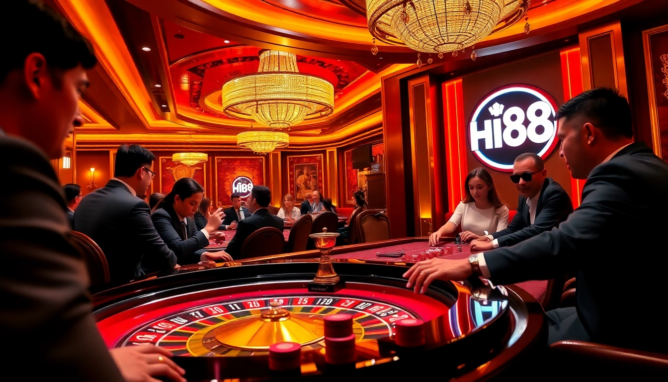 Experience excitement and luxury at Hi88's vibrant casino scene with roulette and poker players.