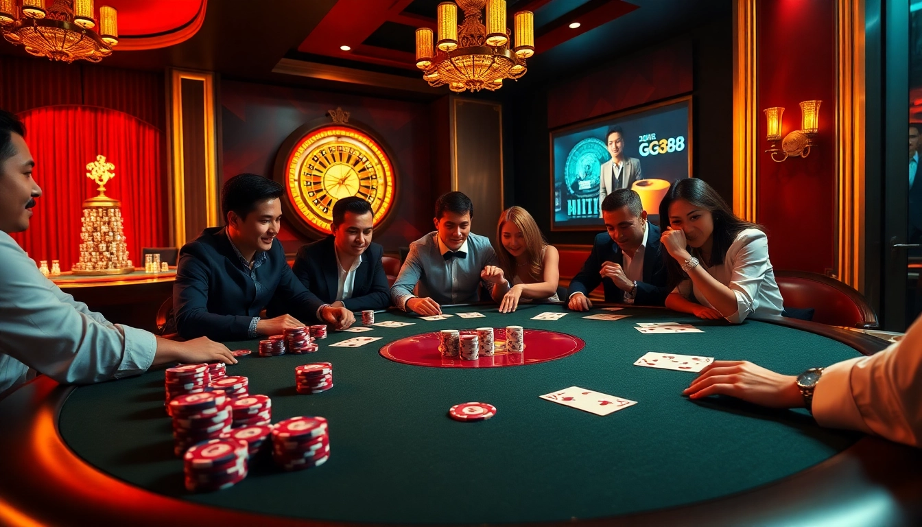 Enthusiastic players enjoy a high-stakes GG88 poker game at a luxurious casino table.
