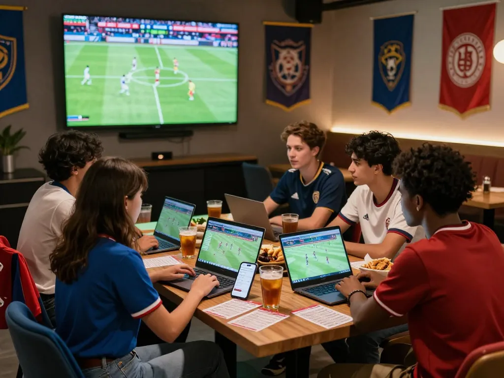 Friends analyzing soccer predictions together in a vibrant sports lounge during a live match.