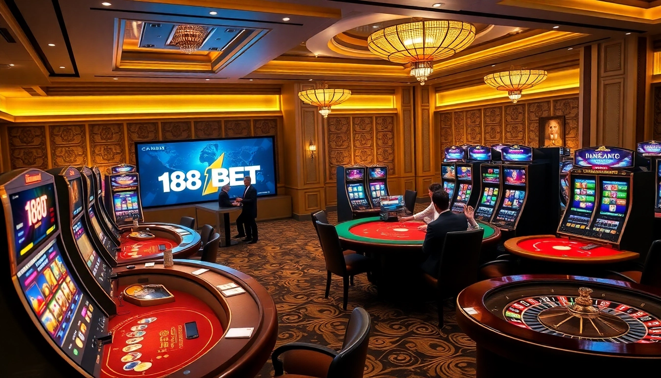 Engaging online gambling scene featuring 188BET casino games with vibrant tables and colorful slot machines.