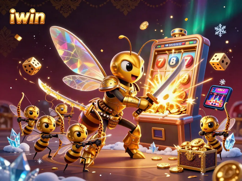 iwin players spin golden slot machines surrounded by festive gaming elements and characters.