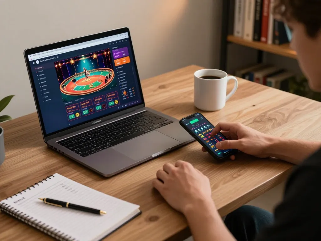 Engaging online gambling scene at home with f168 casino app on display, highlighting strategic gameplay