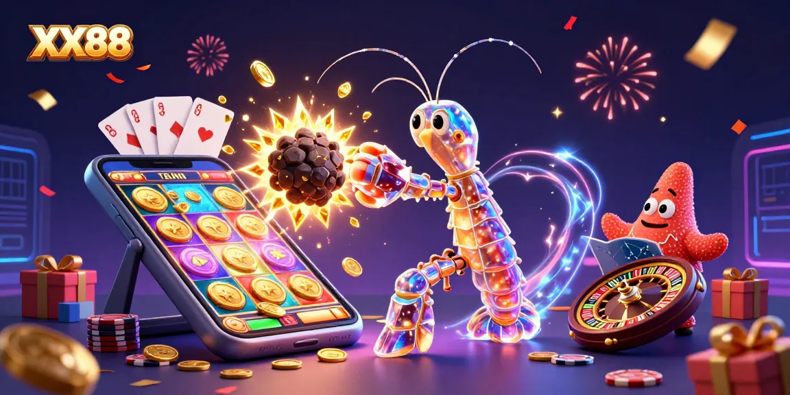 Witness the excitement of XX88 as the galactic samurai mantis shrimp bursts through an asteroid in this action-packed casino-themed illustration.