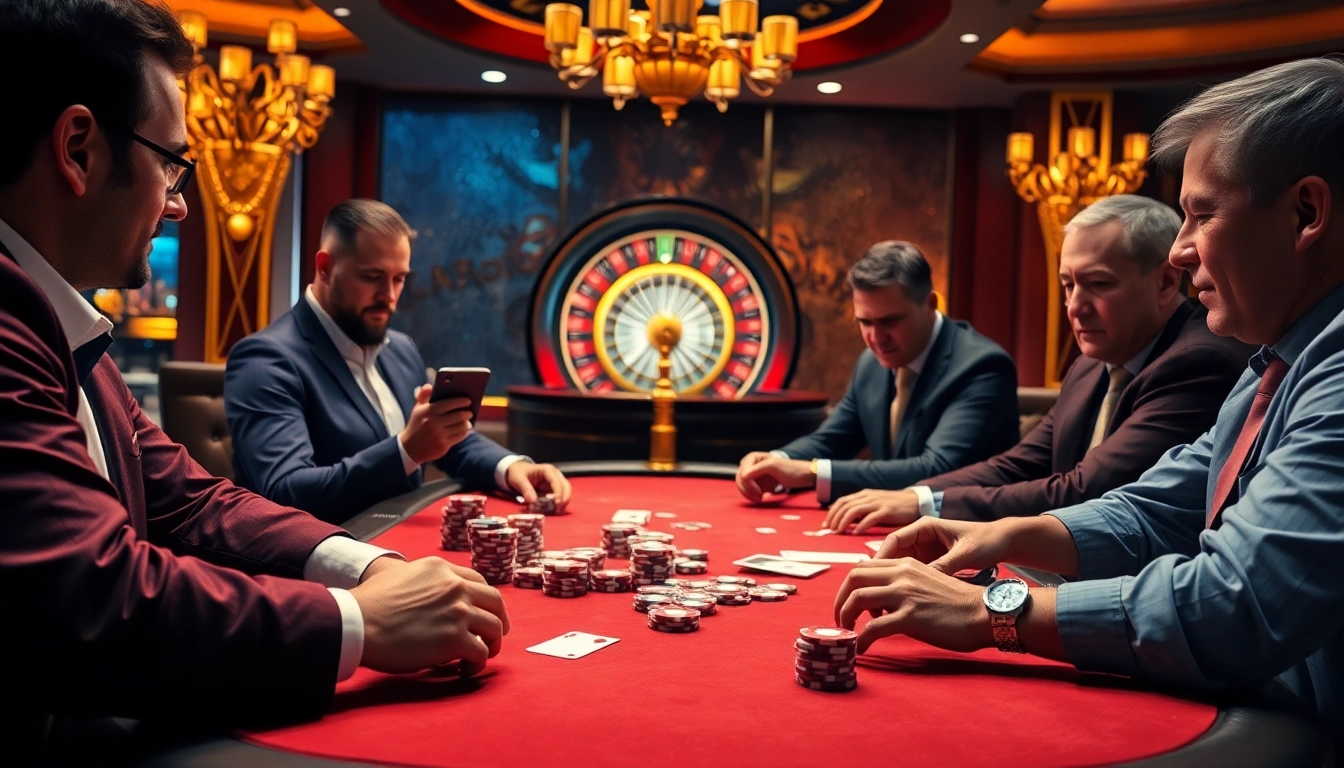 Exciting poker gameplay at mi88 casino, showcasing vibrant chips and intense players.