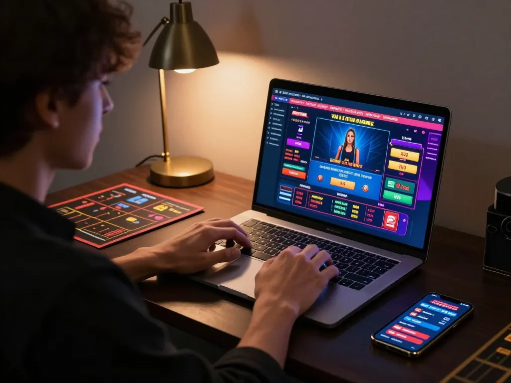 Engaged player strategizing at their laptop for online casino games at https://9bet.works/ with vibrant betting interface.