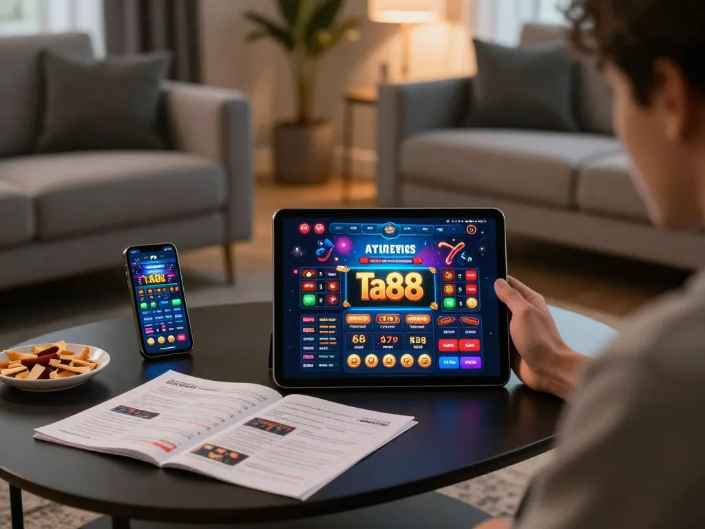 Engaging with ta88 online casino app on a tablet in a cozy home environment