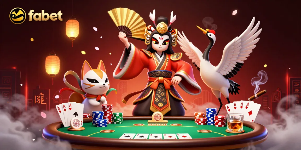 Engaging fabet casino illustration featuring a kabuki warrior and poker elements for exciting gameplay.