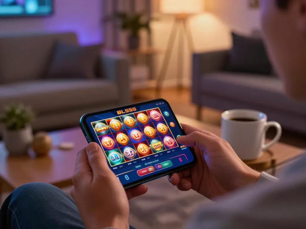 Player engaging with BL555 mobile casino app in a cozy home environment while enjoying slots.