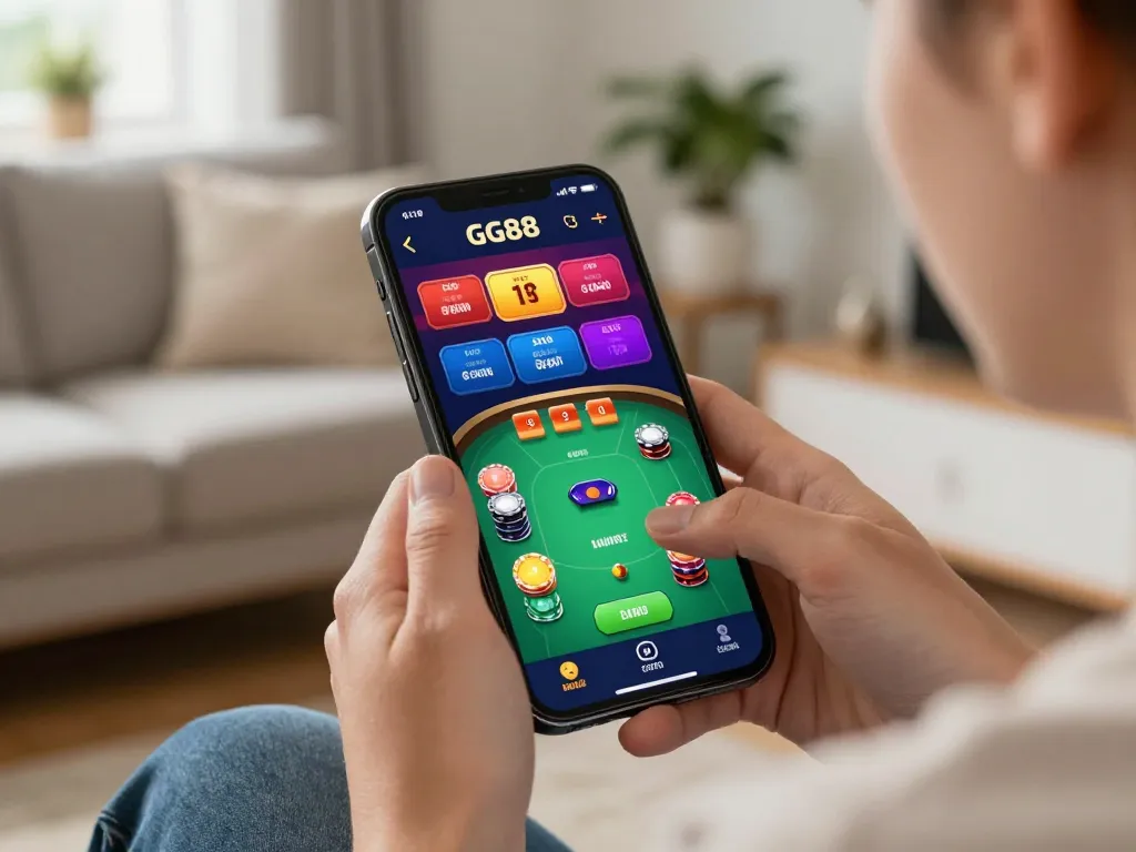 Player actively engaging with GG88 casino app on smartphone while enjoying a comfortable home environment.