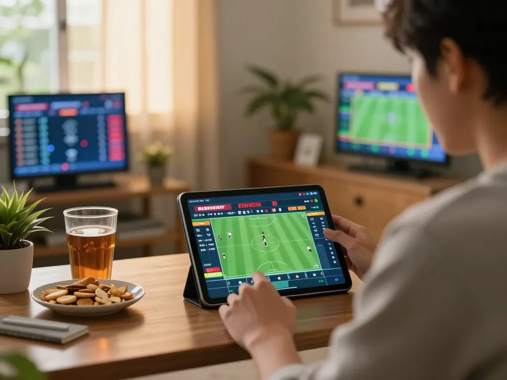 Person placing bets on football matches while enjoying snacks and drinks at home for แทงบอล strategy