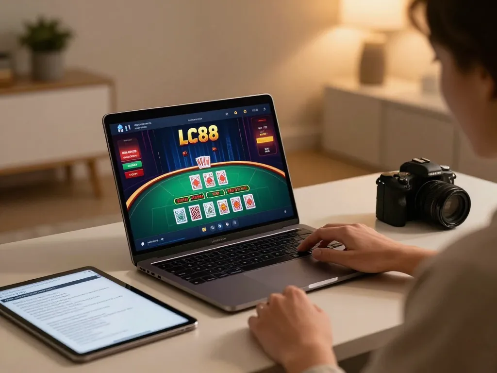 Engaging in a live dealer game at LC88 with laptop and strategy notes for responsible gaming