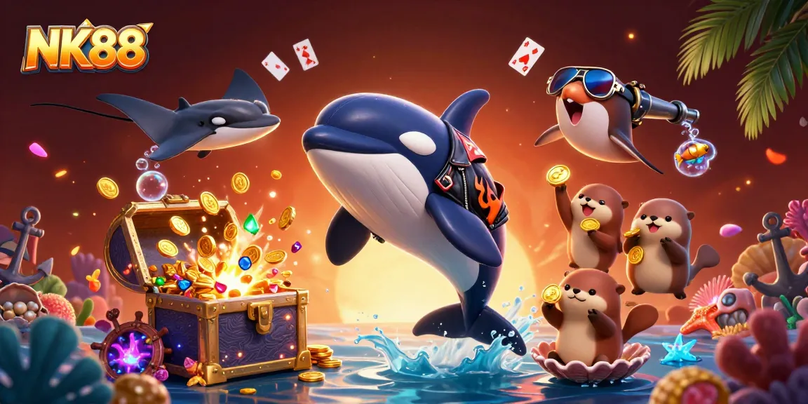 Experience thrilling gameplay with NK88 as otters collect coins amidst vibrant 3D casino elements.