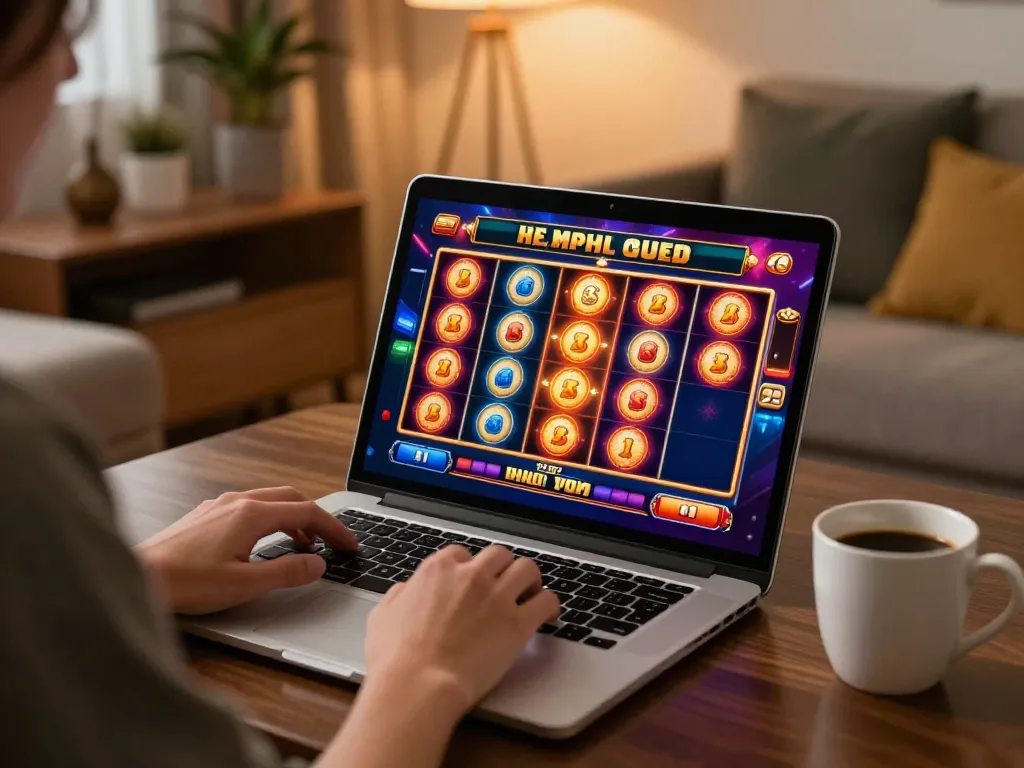 LC88 player enjoying a thrilling online casino experience on their laptop at home, focused on a vibrant slot game.