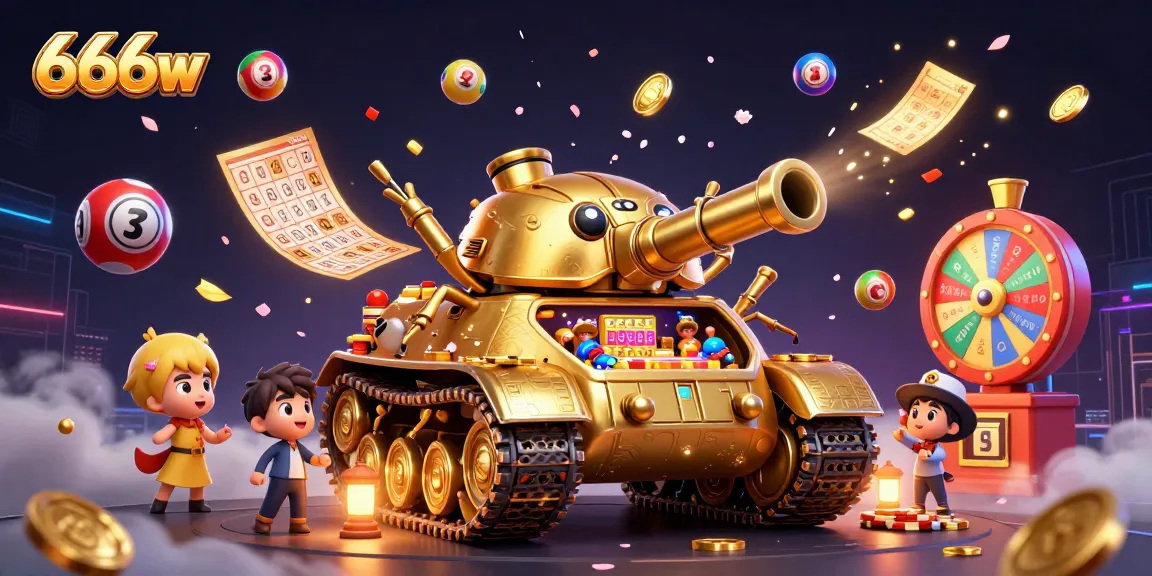 Experience thrilling gameplay at 666w, featuring a grand casino inside a golden beetle tank amid festive lottery elements.