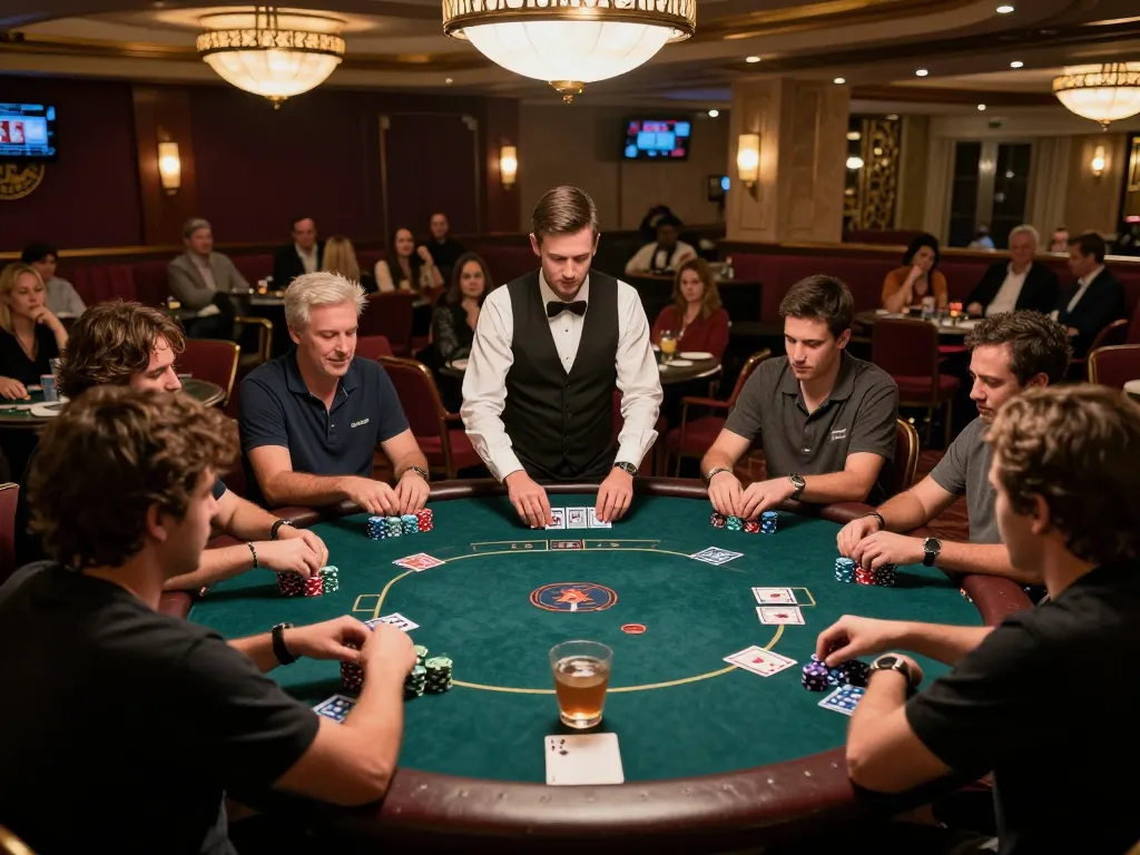 Players strategizing their next move in poker at the CM88 casino, chips and cards creating an exciting atmosphere