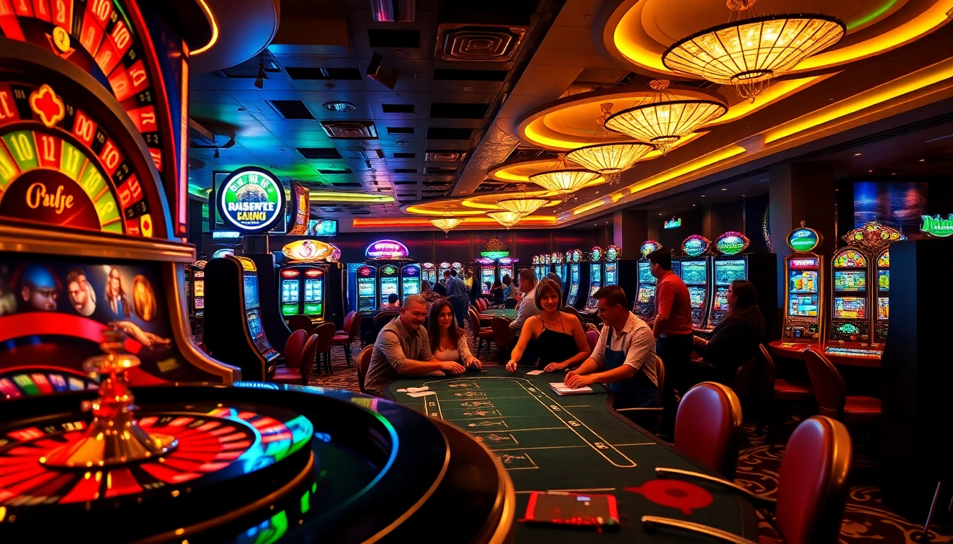 Experience the thrill of NOHU90 at a luxurious casino featuring vibrant slot machines and tables.
