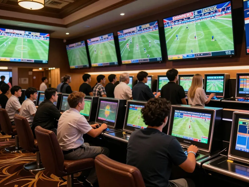 Football betting excitement with patrons placing wagers in a lively casino setting.