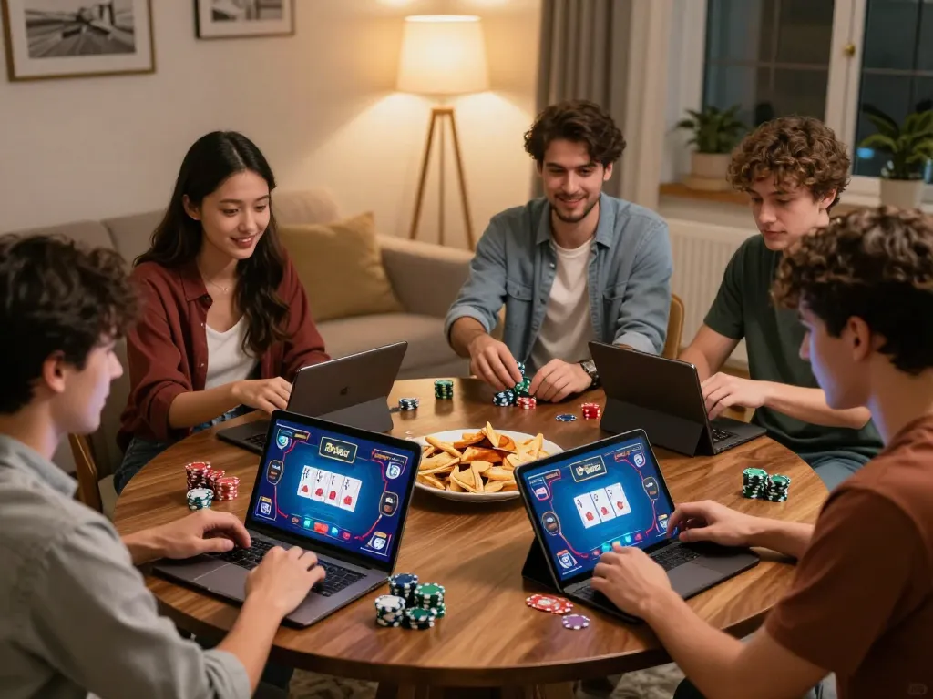 Players enjoying a thrilling online poker game with 58win in cozy home setting, showcasing strategic gameplay.