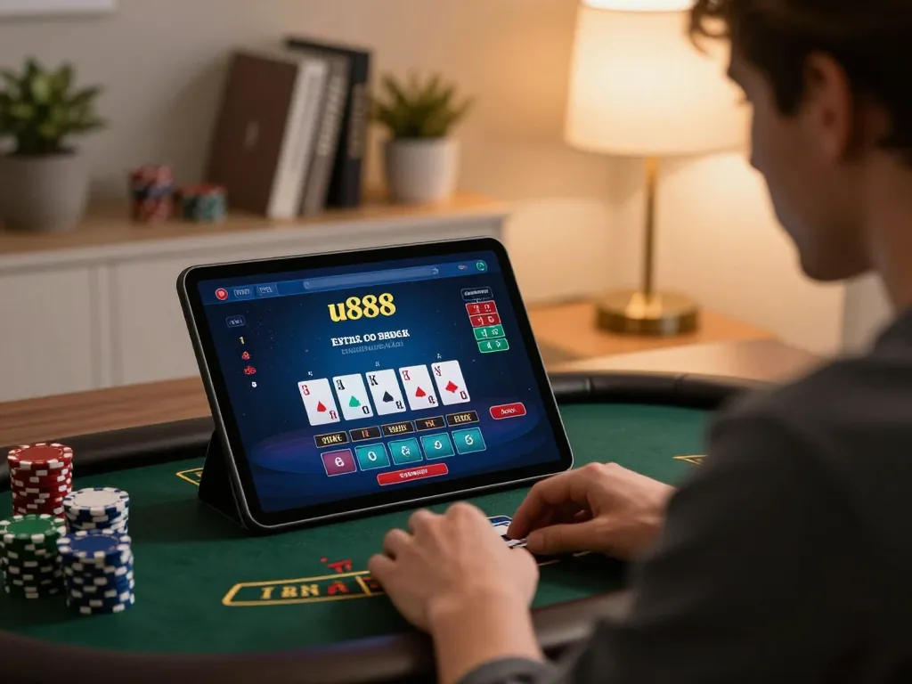 Engaging player enjoying u888 live blackjack on tablet in cozy home setup with strategic atmosphere