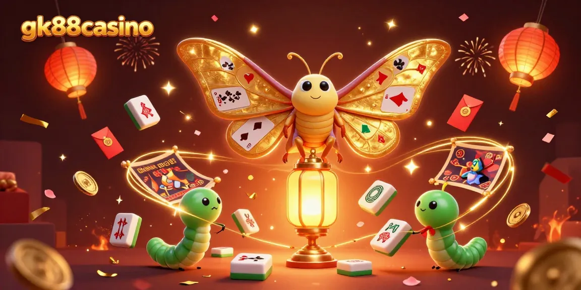 Celebrate winning at gk88casino with a vibrant 3D illustration of a moth and casino elements.