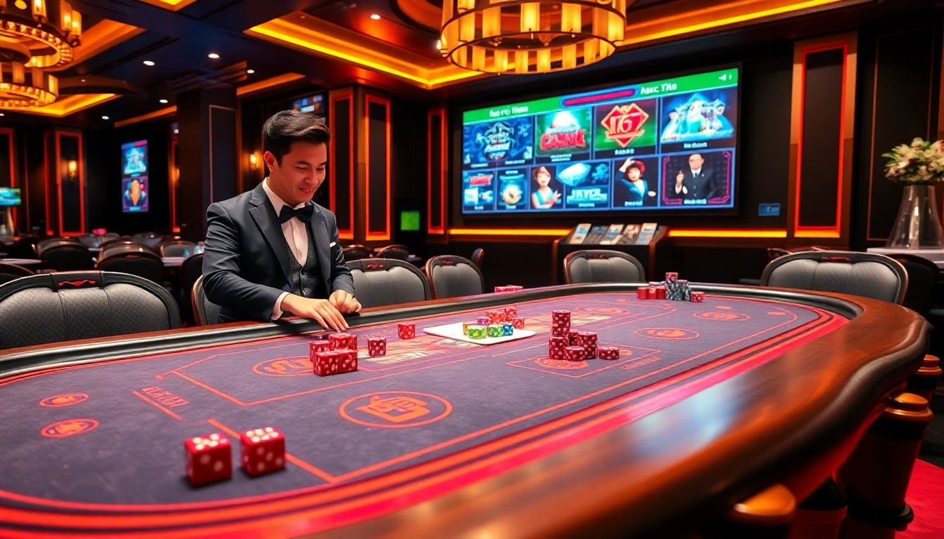Experience the thrilling excitement of Xóc đĩa online with a vibrant gambling setup featuring colorful dice and chips.