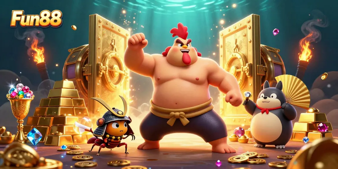 Join the Fun88 adventure with characters in a vibrant casino scene featuring epic themes and dynamic elements.