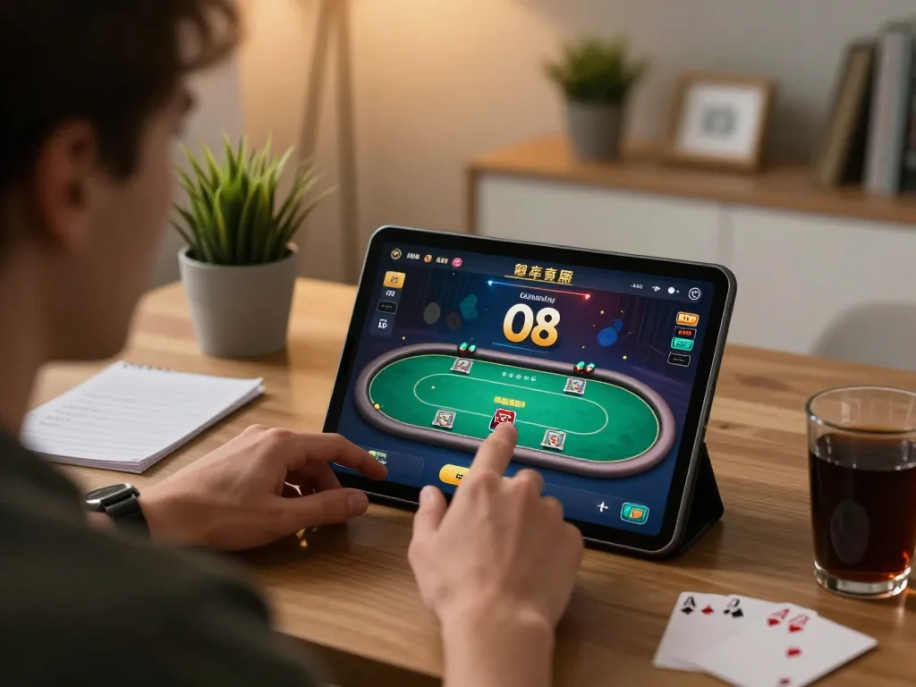 Player engaging in online gambling at O8 with poker game interface on tablet.