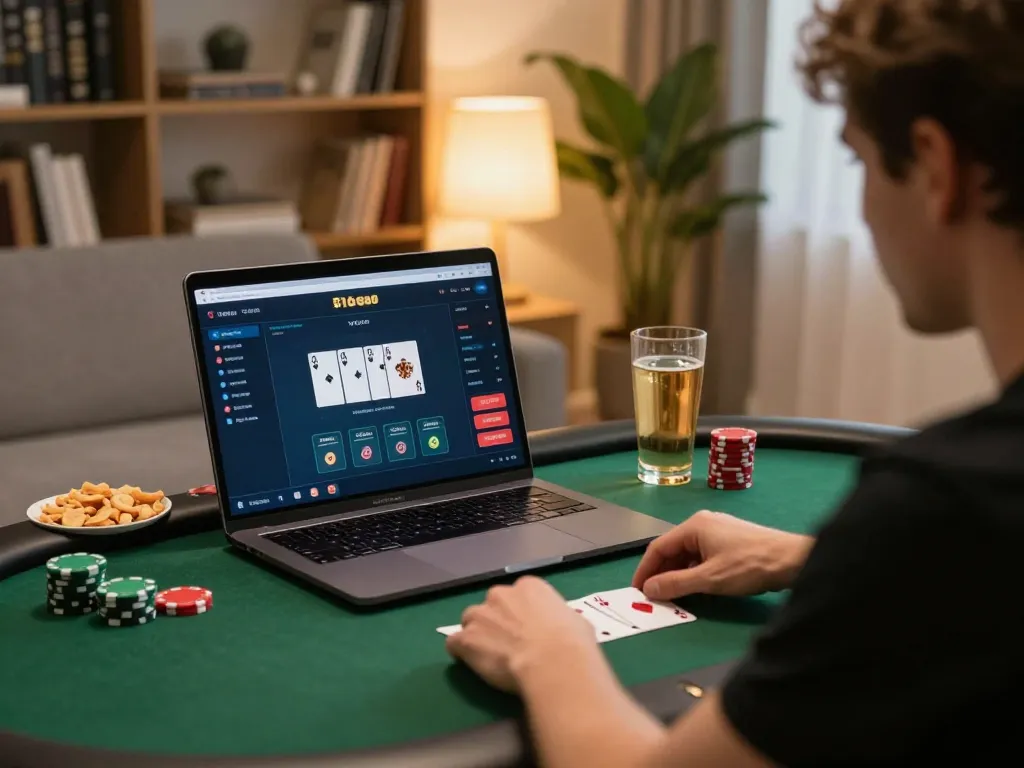Player engaging with F168's online poker platform, cozy home setup highlights strategic gameplay.