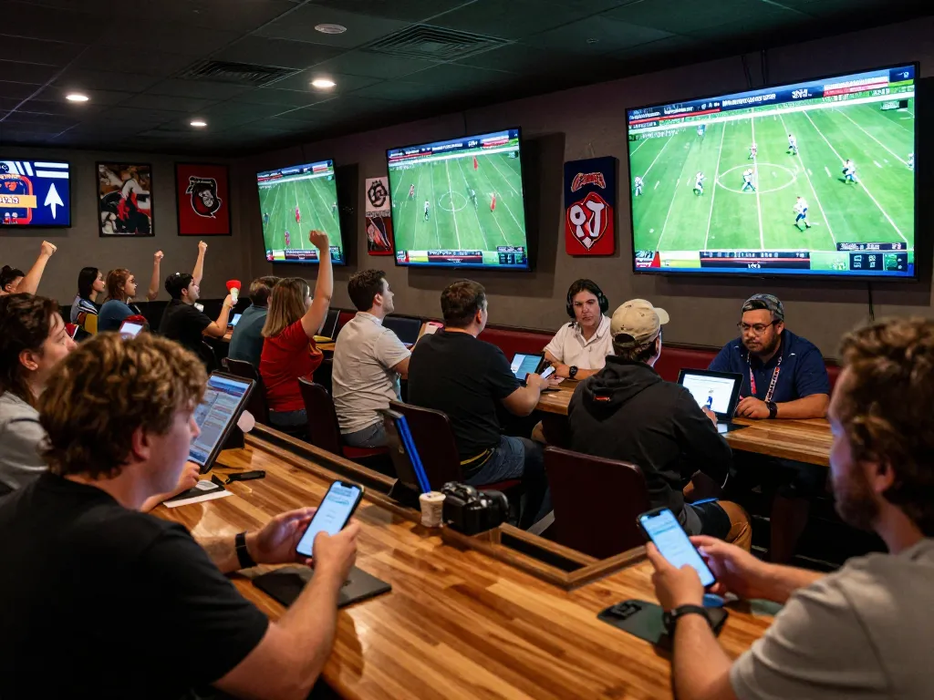 KQBD sports enthusiasts excitedly placing bets during live football events in a crowded sports bar.
