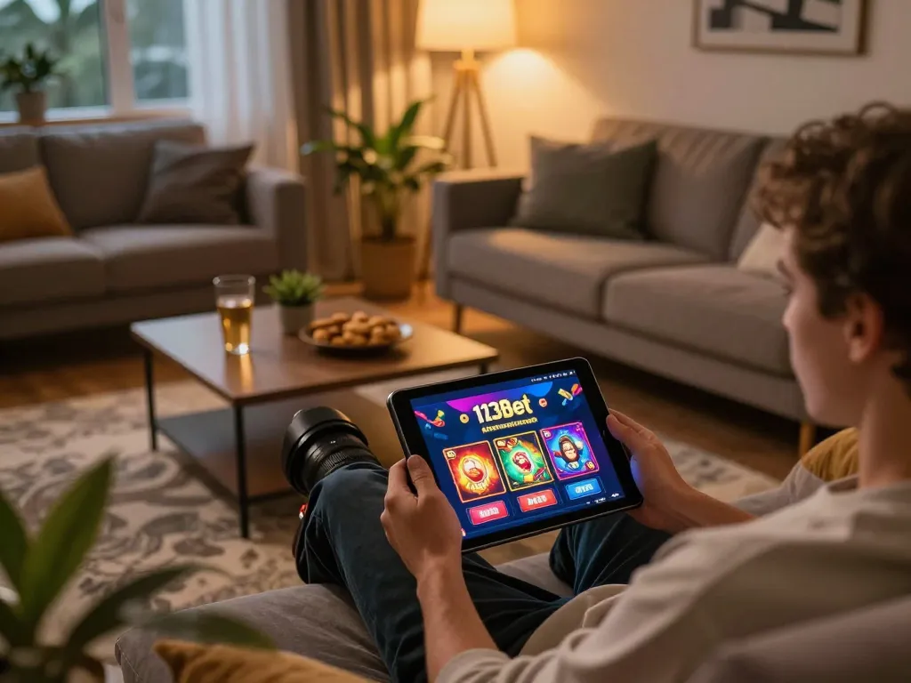 Engaging with the 123bet app on a tablet during a cozy home gaming session.