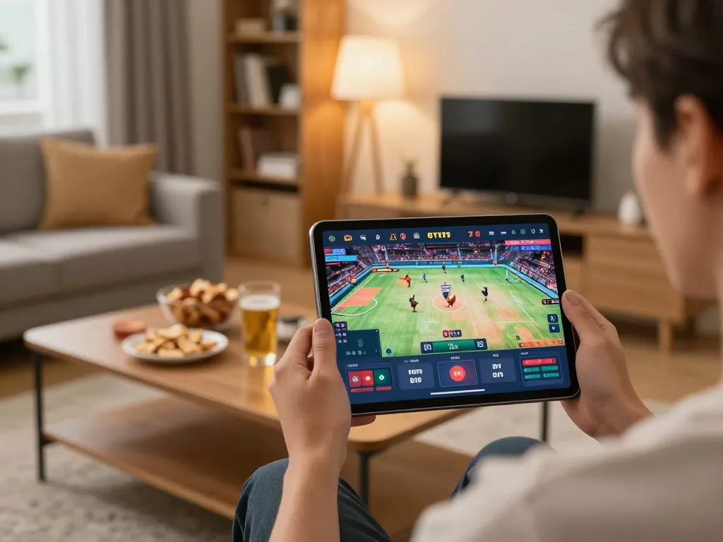 Watch đá gà phát lại on a tablet in a cozy living room with snacks and warm lighting.