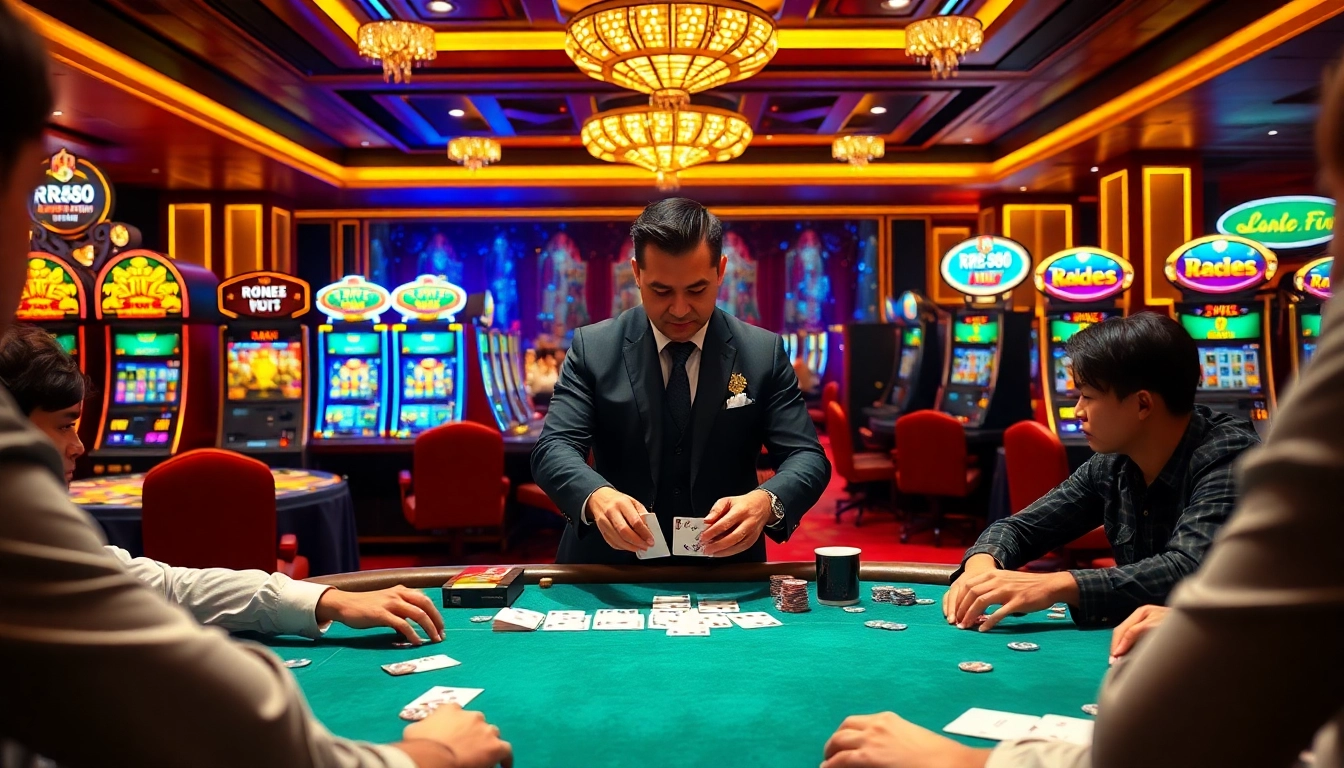 Engaging scene of players at an RR88 KJC casino table, showcasing excitement in gambling.