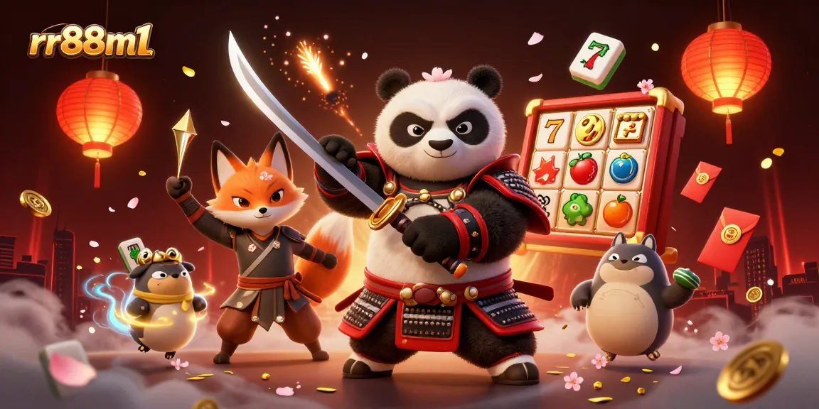 Engage in thrilling gameplay at rr88m1 with a vibrant samurai panda, ninja fox, and spirit tanuki amidst scattered slots and casino elements.
