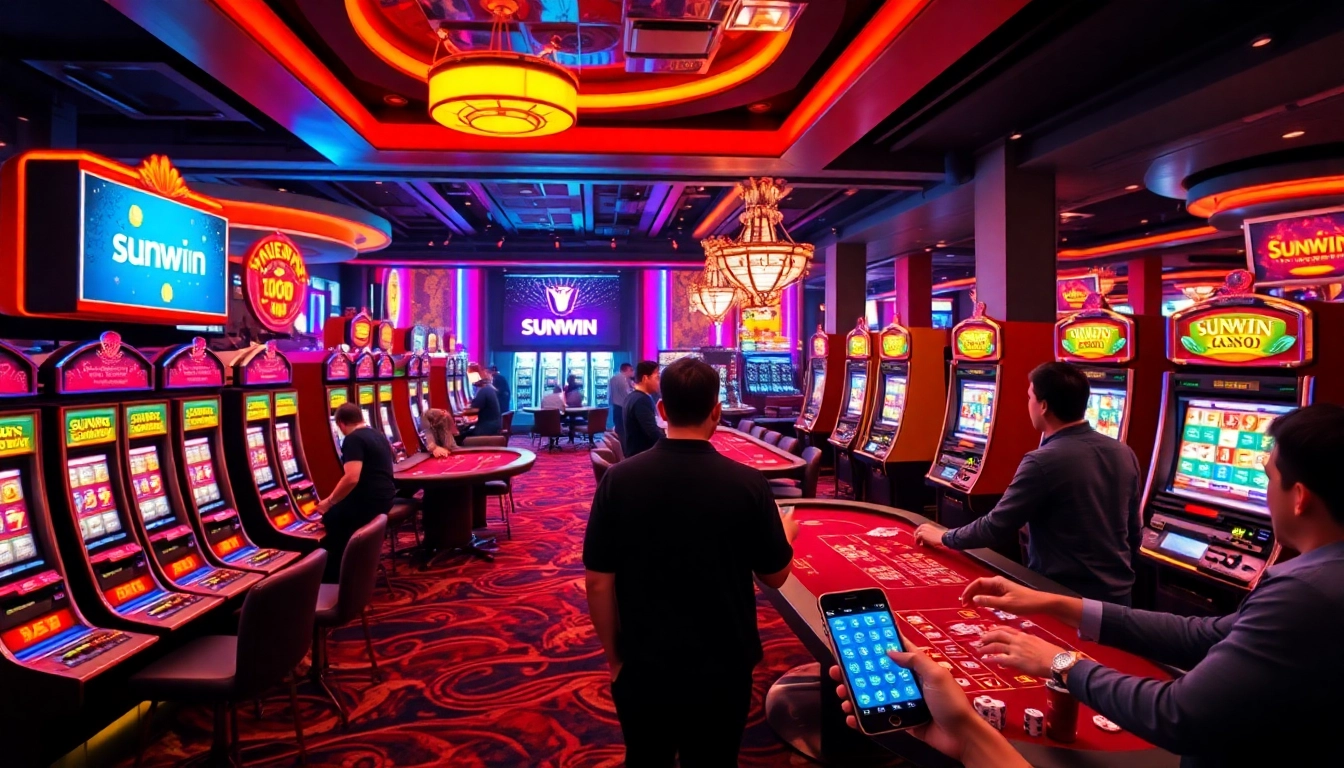 Exciting scene of players enjoying games at sunwin online casino with slot machines and casino tables.